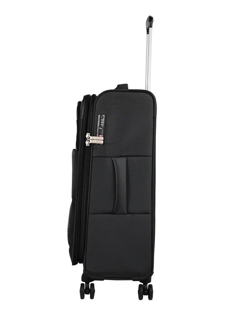 AMERICAN TOURISTER Majoris + Suitcase, Check-In Size 70 cm / 26 inch, 4 Spinner Wheels, Soft Top, 100% Polyester, Black|Corner Guards|Multi Front Pocket|TSA Combination Lock|Expandable|Retractable Aluminum Handle - 3 Years International Warranty